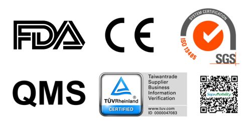 SupaMobility FDA CE ISO 13485 QMS certification logos – mobility scooter and power wheelchair manufacturer
